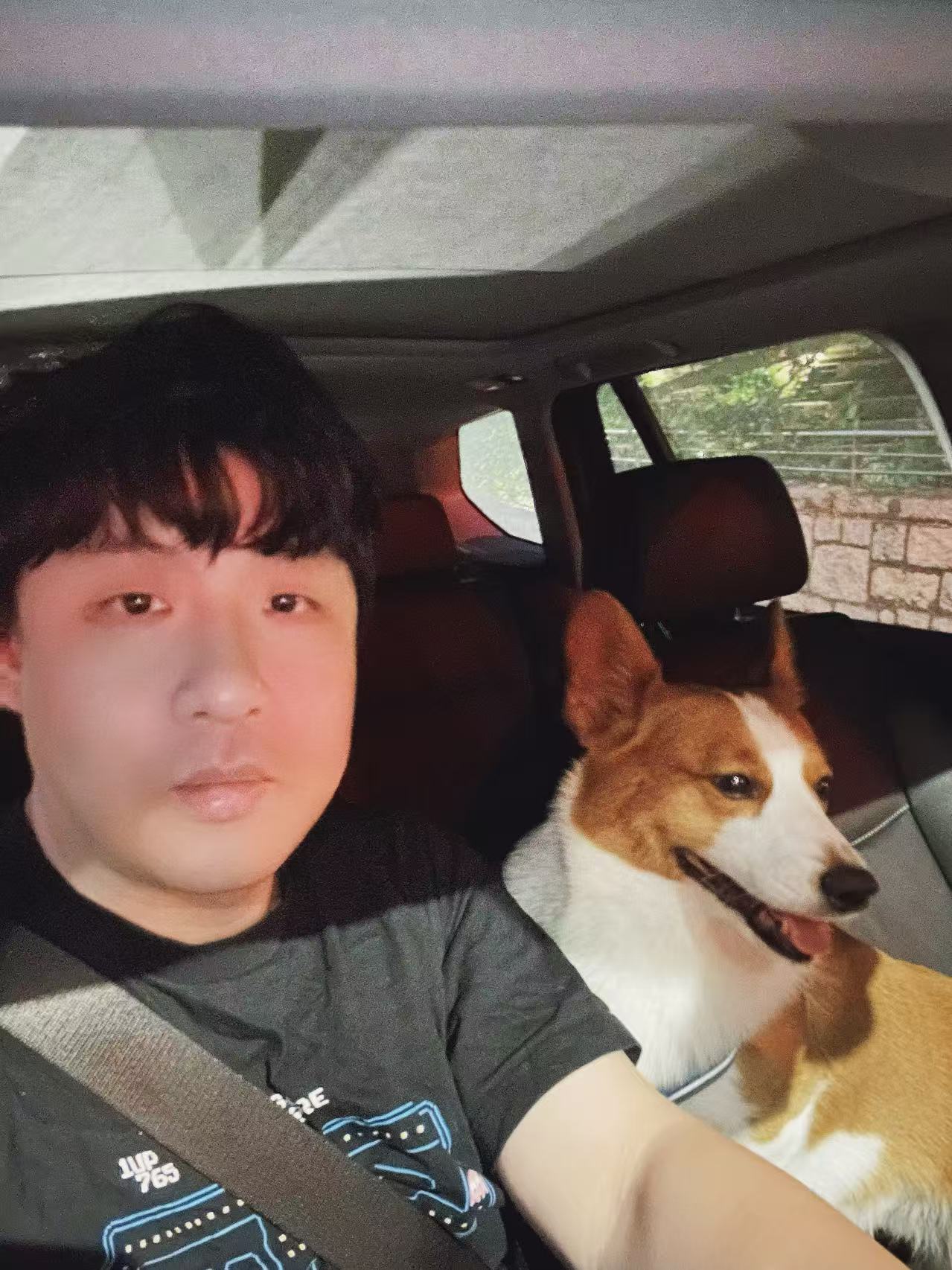A selfie in a car with a corgi
